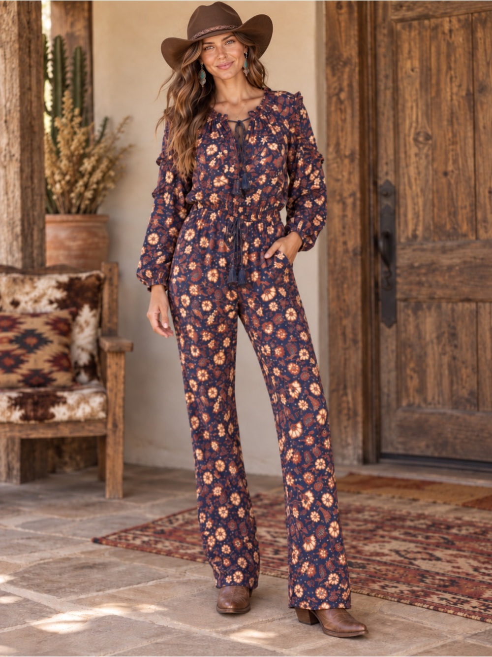 Ulla Johnson Floral Cotton Jumpsuit Size 0 Navy Boho Tassel Ruffle